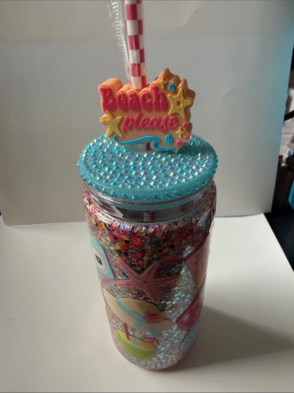 Beach Please 20 oz Dry Glitter Tumbler w/ Jeweled Lid & Topper